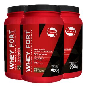 Kit 3x Kit 3x Whey Fort 900g Chocolate - Whey Protein isolado e concentrado - Vitafor