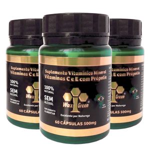 Kit 3x Vitaminas C & E com Própolis Verde 85% Extrato Seco (500mg) 60 Cápsulas  - Wax Green