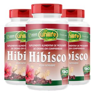 Kit 3x Hibisco C/ Gengibre (500mg) 90 Comprimidos - Unilife