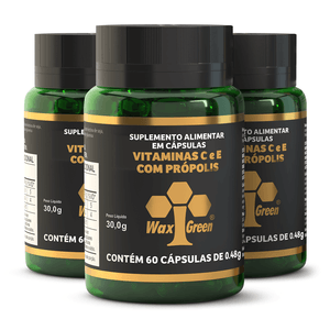 N61-Kit 3x Vitaminas C & E com Própolis Verde 85% Extrato Seco (500mg) 60 Cápsulas  - Wax Green