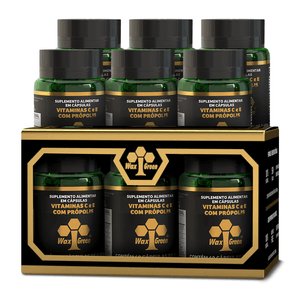 N61- Caixa 6x Vitaminas C & E com Própolis Verde 85% Extrato Seco (500mg) 60 Cápsulas  - Wax Green